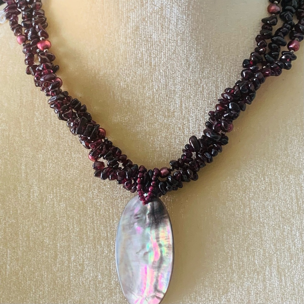 Abalone, Garnets & Pearl Multi Strand Necklace